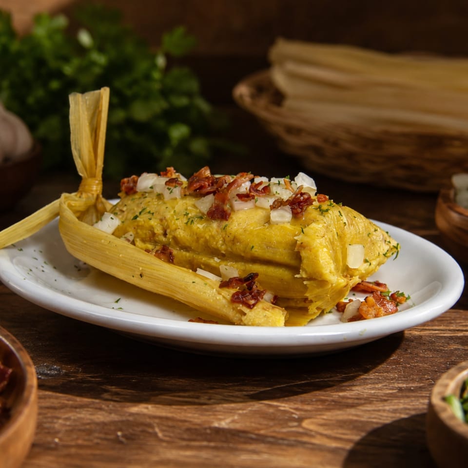 Yellow tamales wrapped in corn husks, topped with diced onions, crispy bacon, and herbs on a white plate.