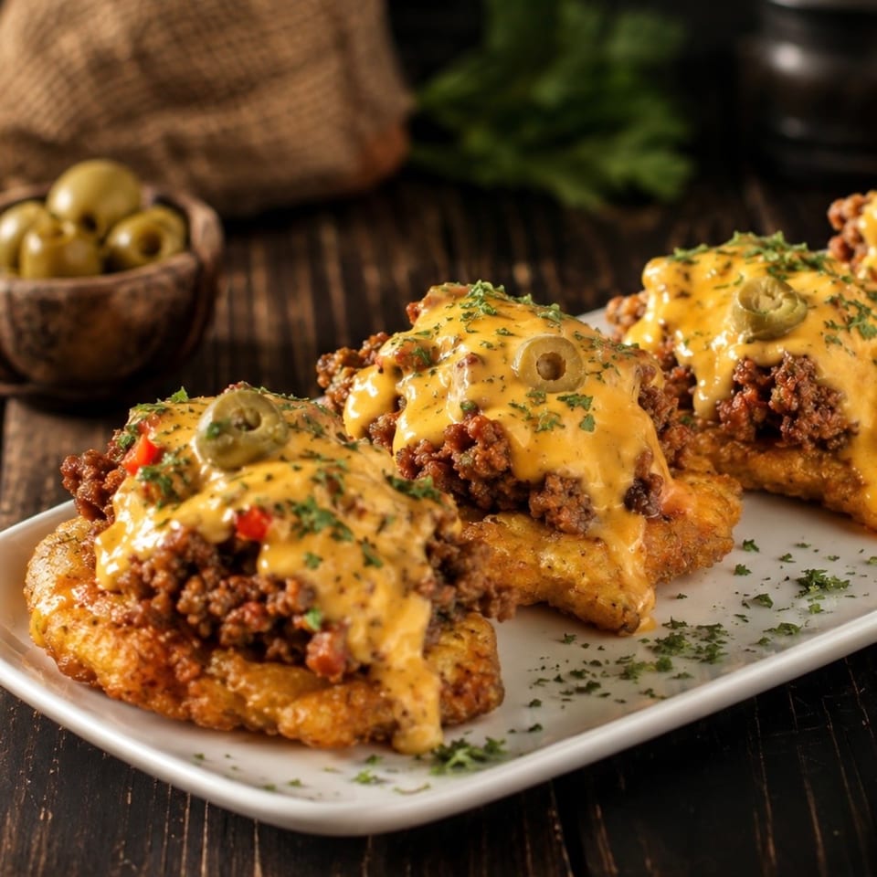 Crispy fried potatoes topped with seasoned ground meat, melted cheese, sliced green olives, and herbs on a rectangular plate.