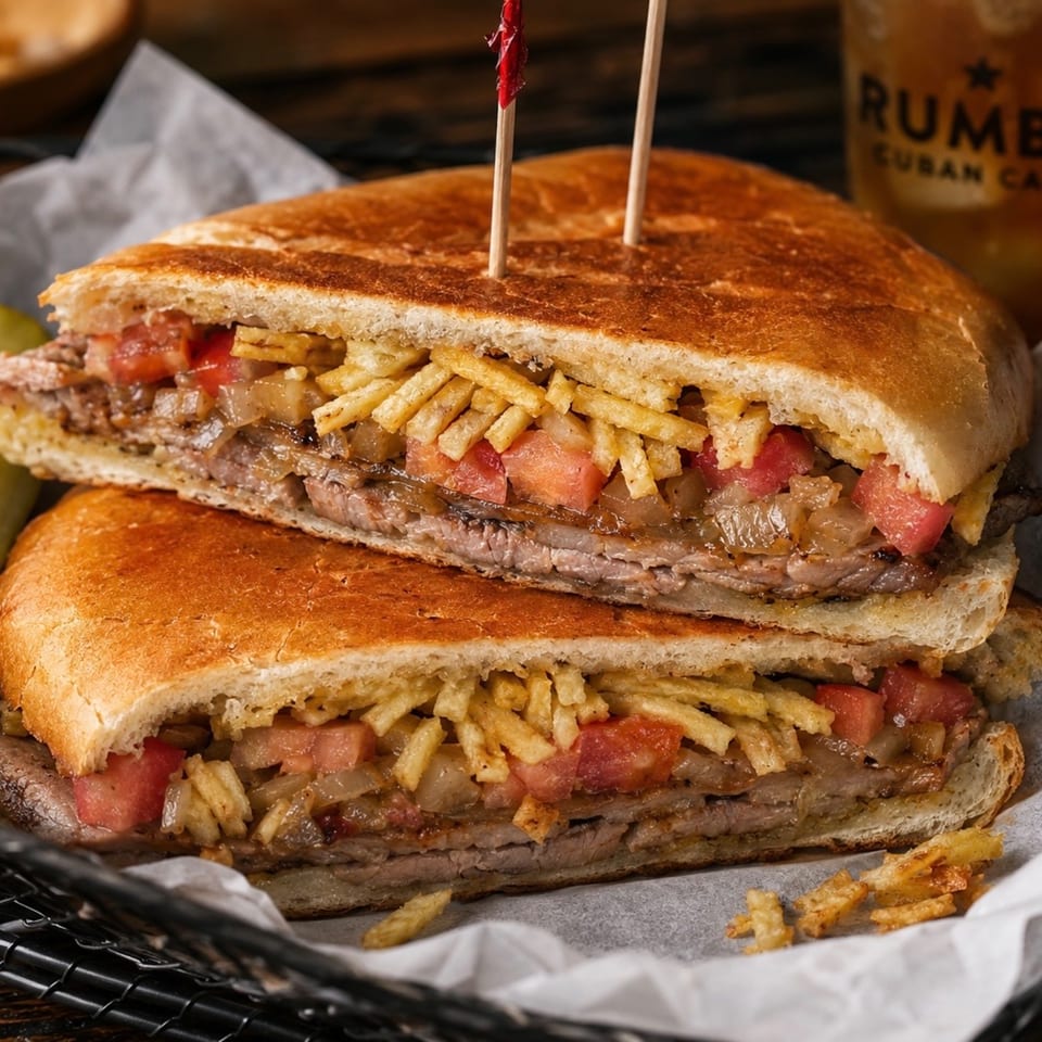 Close-up of stacked grilled sandwiches filled with meat, tomatoes, onions, and crispy potato sticks, held with skewers.