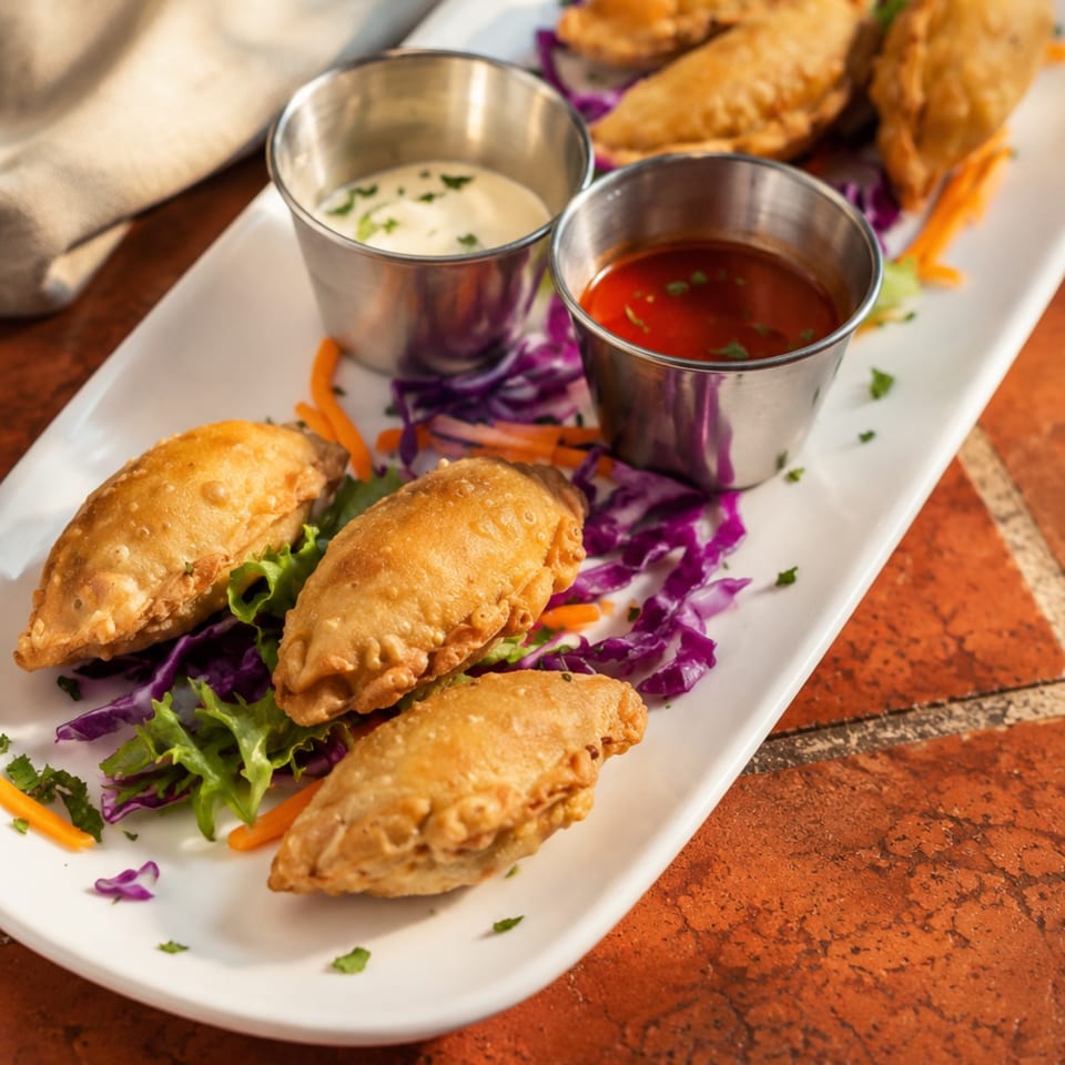 Golden fried empanadas served with creamy and red dipping sauces over shredded cabbage and lettuce on a white platter.