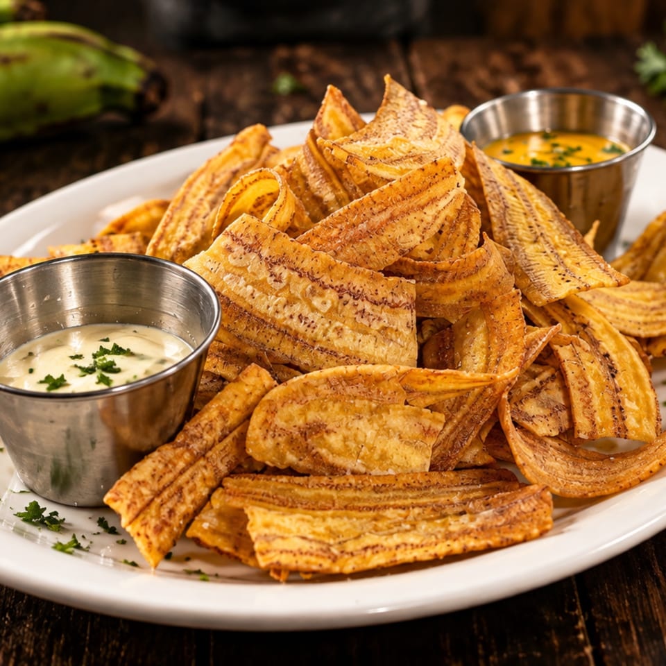 A platter of crispy golden tortilla chips with creamy and orange dipping sauces on a rustic wooden table.