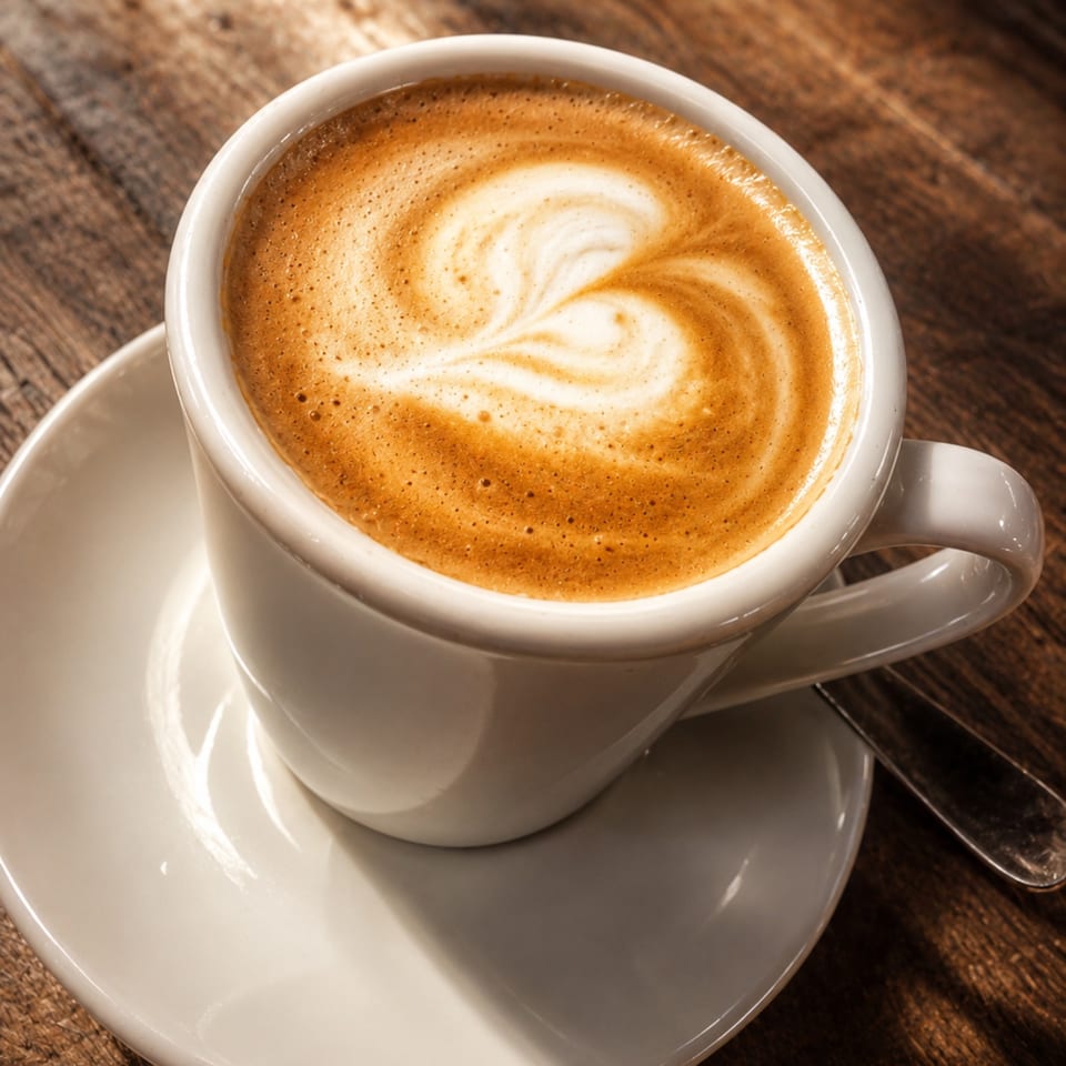 Foamy latte with heart-shaped art in a white cup and saucer on a wooden table.