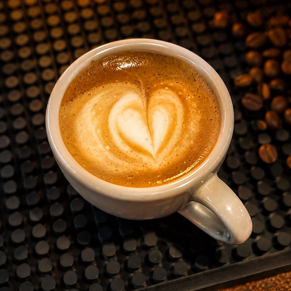 Overhead view of a creamy latte with heart-shaped foam art in a white cup, surrounded by coffee beans.