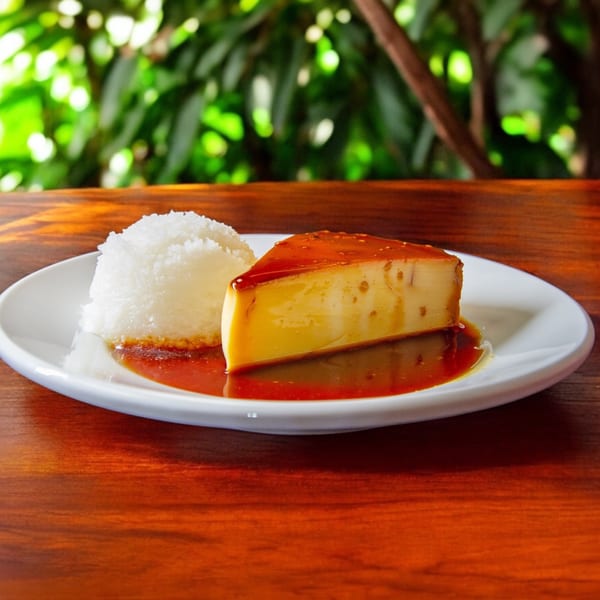 A slice of Rumba Cuban Cafe's flan with caramel sauce and a scoop of coconut ice cream.