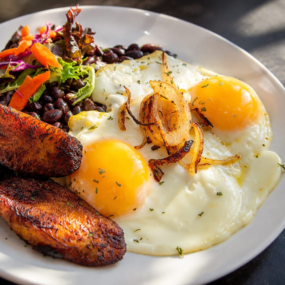 Breakfast plate with two sunny-side-up eggs, black beans, mixed greens, roasted vegetables, and seasoned sausage.